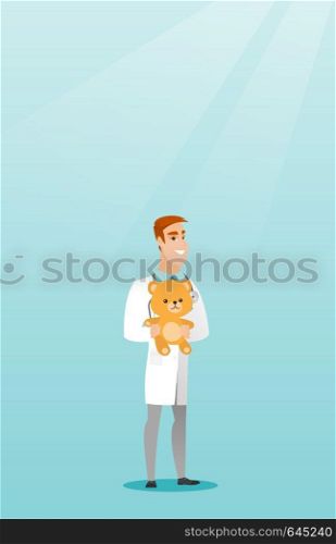 Cheerful pediatrician doctor holding a teddy bear. Smiling pediatrician doctor standing with teddy bear. Young caucasian pediatrician in medical gown. Vector flat design illustration. Vertical layout.. Pediatrician doctor holding teddy bear.