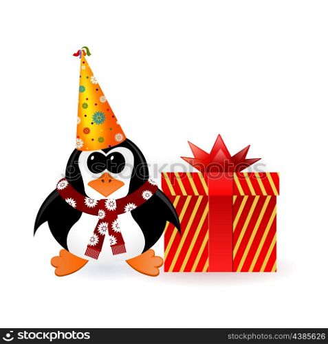 Cheerful penguin in a party cap with a gift on New Year
