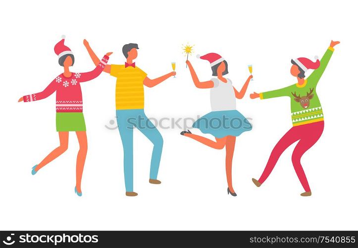 Cheerful people celebrating Christmas party. Cartoon man with glass of champagne, women in Santa Claus hat dancing. Colleagues at corporative, isolated vector. Cheerful Cartoon People Celebrate Christmas Party