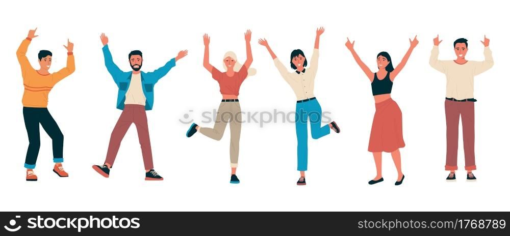 Cheerful people. Group of happy friends standing together with raised hands. Cartoon men and women feel positive emotions. Isolated characters dance or jump. Vector young persons celebrate victory. Cheerful people. Group of happy friends standing together with raised hands. Cartoon men and women feel positive emotions. Characters dance or jump. Vector persons celebrate victory