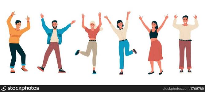 Cheerful people. Group of happy friends standing together with raised hands. Cartoon men and women feel positive emotions. Isolated characters dance or jump. Vector young persons celebrate victory. Cheerful people. Group of happy friends standing together with raised hands. Cartoon men and women feel positive emotions. Characters dance or jump. Vector persons celebrate victory