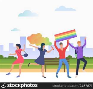Cheerful people in pride parade. Diversity, discrimination, freedom concept. Vector illustration can be used for topics like tolerance, homophobia, social rights. Cheerful people in pride parade