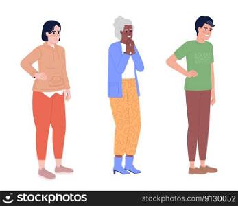 Cheerful people posing in casual clothes semi flat color vector characters set. Editable full body figures on white. Simple cartoon style spot illustration for web graphic design and animation. Cheerful people posing in casual clothes semi flat color vector characters set