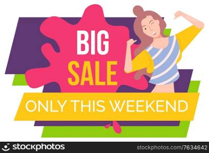 Cheerful personage, isolated female character winking and pointing on herself. Proposition of shop, reduction of price, sale and discount store. Happy woman on black friday sale. Vector in flat style. Big Sale Cheerful Woman, Shopaholic Lady Smiling