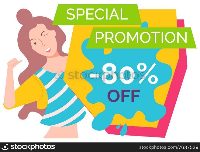 Cheerful personage, isolated female character winking and pointing on herself. Proposition of shop, reduction of price, sale and discount store. Happy woman on black friday sale. Vector in flat style. Big Sale Cheerful Woman, Shopaholic Lady Smiling