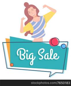 Cheerful personage vector, isolated female character winking and pointing on herself. Proposition of shop, reduction of price, sale and discount store. Big Sale Cheerful Woman, Shopaholic Lady Smiling