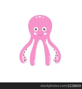 Cheerful pink octopus isolated on a white background. Vector flat illustration of a cartoon character for a children’s book. Fish and marine life. Educational cards for children.