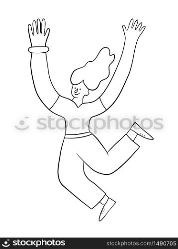 Cheerful positive girl jumping in the air with raised hands. Trendy woman. Vector illustration in doodle style on white background. Isolated. Cheerful positive girl jumping in the air with raised hands. Trendy woman. Vector illustration in doodle style on white background