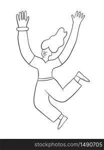 Cheerful positive girl jumping in the air with raised hands. Trendy woman. Vector illustration in doodle style on white background. Isolated. Cheerful positive girl jumping in the air with raised hands. Trendy woman. Vector illustration in doodle style on white background