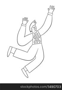 Cheerful positive man jumping in the air with raised hands. Trendy people. Vector illustration in doodle style on white background. Isolated. Cheerful positive man jumping in the air with raised hands. Trendy people. Vector illustration in doodle style on white background