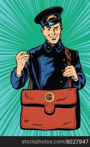 Cheerful postman pop art retro vector. Friendly postman in blue uniform with bag. Friendly retro postman in blue uniform with bag