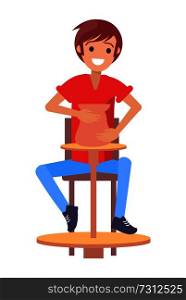 Cheerful pottery master, color vector illustration with man sitting by potter s wheel and making a earthenware, happy working young man artistic hobby. Cheerful Pottery Master, Color Vector Illustration