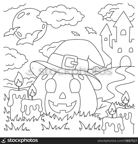 Cheerful pumpkin with a hat. Coloring book page for kids. Cartoon style character. Vector illustration isolated on white background. Halloween theme.