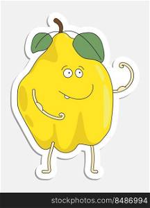 Cheerful quince shows biceps muscles on arm, fruit character in doodle style. Hand drawn cartoon icon with stroke. Cartoon vector sticker isolated on white background