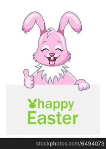 Cheerful Rabbit with Sheet of Paper for Happy Easter, Pink Bunny. Cheerful Rabbit with Sheet of Paper for Happy Easter, Pink Bunny - Illustration Vector