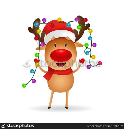 Cheerful reindeer celebrating Christmas. Cute cartoon deer with fairy lights on antlers. Christmas concept. Realistic vector illustration for greeting cards, festive banner and poster design