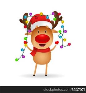 Cheerful reindeer celebrating Christmas. Cute cartoon deer with fairy lights on antlers. Christmas concept. Realistic vector illustration for greeting cards, festive banner and poster design