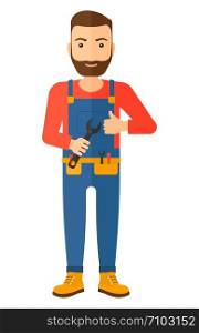 Cheerful repairman engineer with a spanner in hand showing thumb up sign vector flat design illustration isolated on white background. Vertical layout.. Cheerful repairman with spanner.