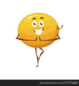 Cheerful ripe melon character staying in yoga pose. Happy smiling farm fruit cartoon character, cute melon isolated vector personage doing fitness exercise or practicing yoga. Cheerful ripe melon character staying in yoga pose