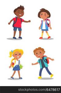 Cheerful School Children Isolated Illustrations. School children in stylish clothes with full rucksacks, educational books isolated vector illustrations set on white background. International pupils