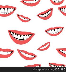 Cheerful seamless pattern with smiling, smile with snow white teeth on a white background at different angles and scales, vector illustration for print or website design. Cheerful seamless pattern with smiles