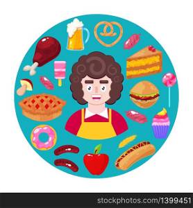 Cheerful seller and fast food on green background. Supermarket worker. Vector illustration