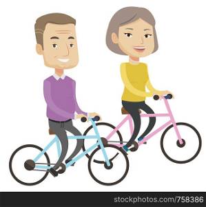 Cheerful senior couple riding a bicycles. Retired couple having fun while riding a bicycles. Active couple enjoying walk with bicycles. Vector flat design illustration isolated on white background.. Happy senior couple riding on bicycles.