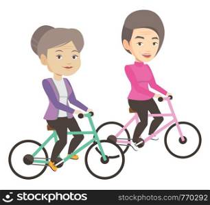 Cheerful senior women riding a bicycles. Retired women having fun while riding a bicycles. Active women enjoying walk with bicycles. Vector flat design illustration isolated on white background.. Senior women riding on bicycles in the park