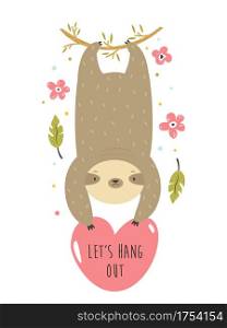 Cheerful sloth hanging on a palm branch. Funny vector illustration.. Cheerful sloth hanging on a palm branch. Funny vector illustration
