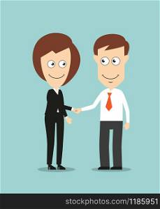 Cheerful smiling business woman and businessman shaking hands for partnership or cooperation concept design. Cartoon flat style. Business woman and businessman shaking hands