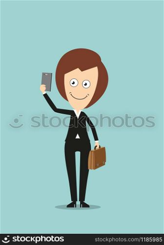 Cheerful smiling business woman in black suit with briefcase making selfie shot with smartphone. Cartoon flat style. Business woman making selfie shot with smartphone