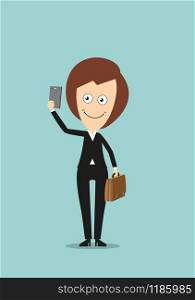 Cheerful smiling business woman in black suit with briefcase making selfie shot with smartphone. Cartoon flat style. Business woman making selfie shot with smartphone