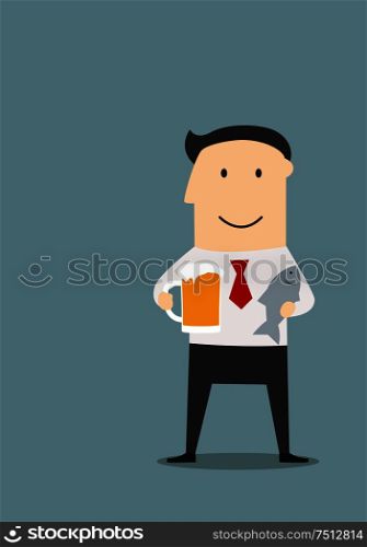 Cheerful smiling businessman relaxing after hard day with mug of beer and dried salted fish. Cartoon flat style