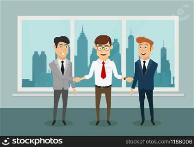 Cheerful smiling businessmen shaking hands after signing a profitable contract or closing a deal, for partnership themes design. Businessmen shaking hands in modern office