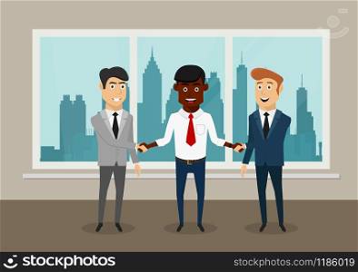 Cheerful smiling businessmen shaking hands after signing a profitable contract or closing a deal, for partnership themes design
