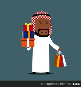 Cheerful smiling cartoon arabian businessman holding in hands colorful paper shopping bags and stack of gift boxes with bows. Shopping, presents and celebration theme design usage. Arabian businessman with shopping bags and gifts