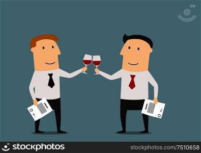 Cheerful smiling cartoon businessmen celebrating the signing of successful contract. With red wine in hands, for business or celebration theme concept design. Businessmen celebrating the signing of contract