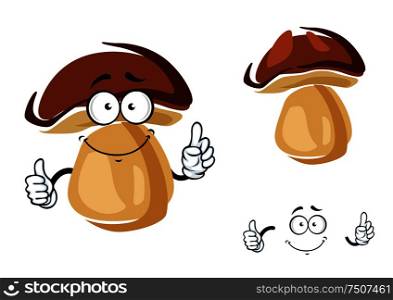 Cheerful smiling cartoon porcini mushroom giving a thumbs up gesture, isolated on white. Cheerful smiling cartoon porcini mushroom