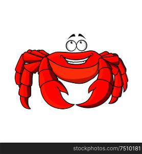 Cheerful smiling red crab cartoon character standing with large pincers. Addition to fairy tale or mascot design. Friendly cartoon red crab with large pincers