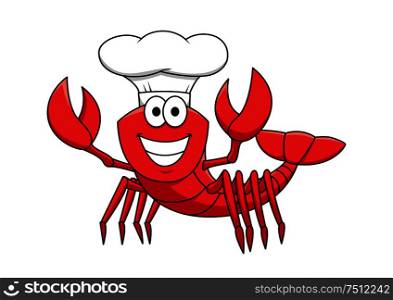 Cheerful smiling red lobster chef cartoon character in white cook hat with raised pincers for seafood restaurant mascot design. Cartoon red lobster chef in white cook hat