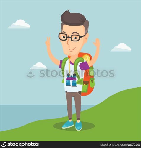 Cheerful smiling tourist with backpack standing on the cliff with raised hands and enjoying the scenery. Satisfied happy man hiking in the mountains. Vector flat design illustration. Square layout.. Backpacker with his hands up enjoying the scenery.