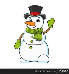 Cheerful snowman. Cute character. Colorful vector illustration. Cartoon style. Isolated on white background. Design element. Template for your design, books, stickers, cards, posters, clothes.