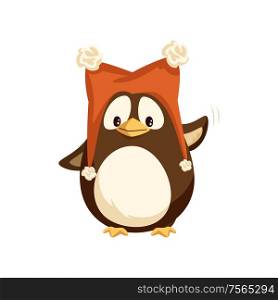 Cheerful standing penguin in funny hat with furry balls and waving hand. Animal in big red cap with pompons in flat style isolated on white vector. Penguin in Hat with Furry Balls Vector Isolated