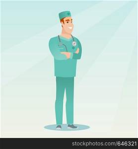 Cheerful surgeon standing with arms crossed. Young caucasian confident surgeon in medical uniform. Happy smiling surgeon with a stethoscope on his neck. Vector flat design illustration. Square layout.. Young confident surgeon with arms crossed.