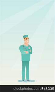 Cheerful surgeon standing with arms crossed. Young caucasian confident surgeon in medical uniform. Happy smiling surgeon with stethoscope on his neck. Vector flat design illustration. Vertical layout.. Young confident surgeon with arms crossed.