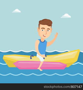 Cheerful tourist riding a banana boat and waving hand. Young happy caucasian man having fun on a banana boat in the sea. Man enjoying summer vacation. Vector flat design illustration. Square layout.. Tourists riding a banana boat vector illustration.