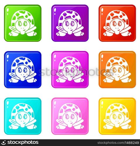 Cheerful turtle icons set 9 color collection isolated on white for any design. Cheerful turtle icons set 9 color collection