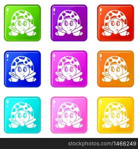 Cheerful turtle icons set 9 color collection isolated on white for any design. Cheerful turtle icons set 9 color collection