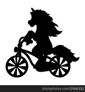 Cheerful unicorn rides a bicycle. Black silhouette. Design element. Vector illustration isolated on white background. Template for books, stickers, posters, cards, clothes.
