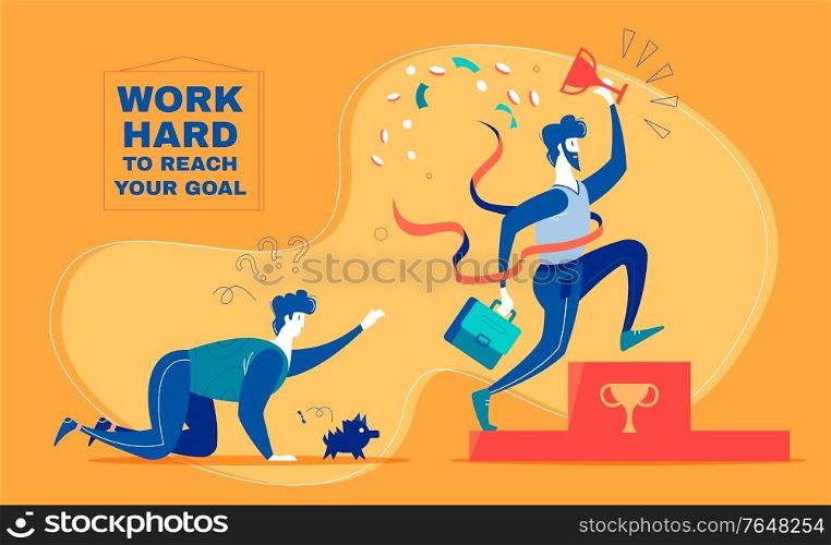 Cheerful winner businessman holding prize and loser following him flat vector illustration